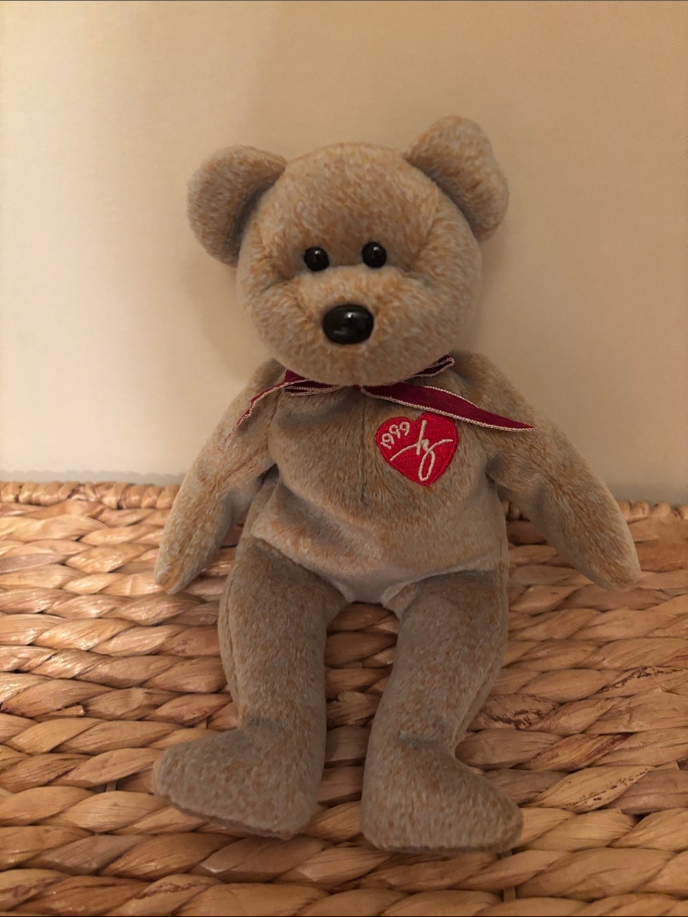 Ty beanie baby Light Brown Teddy Bear with Red Heart Patch Valentines 1999
